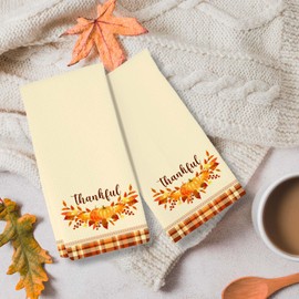 RZQIJ Orange Buffalo Plaid Pumpkin Leaves Fall Kitchen Towels Dish Towels Dishcloth, Fall Thanksgiving Decor for Kitchen Bathroom Home, 16 x 24 Farmhouse Decoration Hand Towels Set of 2. (013)