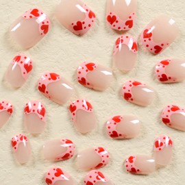 Vezocim Valentine's Day Press on Nails Square Short Pink French Tips Glossy Full Cover Coffin Fake Nails with Heart Designs Artificial Heart False Nails with Glue Stick on Fingernails for Women Girls