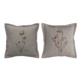 Creative Co-Op 16 Inches Square Linen Blend Flower Embroidery, Gray, Set of 2 Pillows, Grey