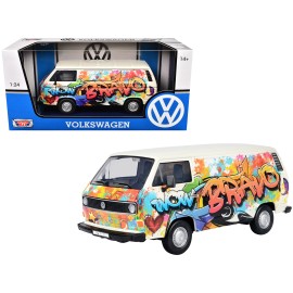 Motormax 1/24 Diecast Model Car DCD Volkswagen Type 2 (T3) Van in White Metallic with Graffiti Graphics for Car Fans