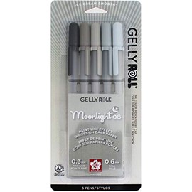 Sakura Gelly Roll Moonlight 5 Pack, 06 Fine point, Opaque Gray Gel Pens, Creamy Smooth Ink, Writes on Dark Paper