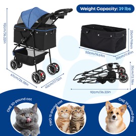 CHIHUAHUA 2-in-1 Foldable Pet Stroller with Canopy,3 Wheels Pet Strolling Cart for Small/Medium Dogs and Cats with Removable Carrier, Breathable Mesh,Cup Holders, Easy Assembly,Blue+Black