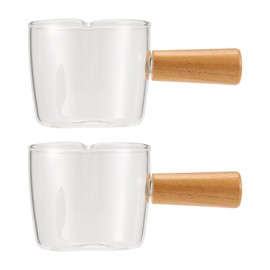 Peakloong 2PCS Transparent Glass Creamer with Wooden Handle, Mini Coffee Milk Creamer Pitcher. 100Ml