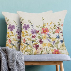 AEIOAE Spring Pillow Covers 18x18 Inch Set of 2, Colorful Wild Flower Leaves Plant Throw Pillows Case,Seasonal Floral Outdoor Decorative Farmhouse Decor Cushion Covers for Home Sofa Bed Couch