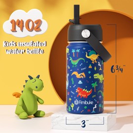 Fimibuke Kids Insulated Water Bottle - 14oz BPA-FREE Double Wall Vacuum Tumbler 18/8 Stainless Steel Leak Proof Kids Cups with Straw Metal Bottles for School Boys Girls (2 Pack, Trucks+Green Dinosaur)