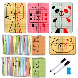 Symmetrical Drawing Puzzle for Children, Geometric Drawing Game Cards for Children with 30-Sided Grid, Focused on Fine Motor Skills when Writing and 4-Colour Brush Control Training Drawing