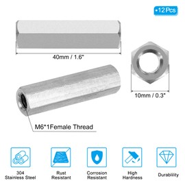 PATIKIL M6 x 1-Pitch 304 Stainless Steel Hex Coupling Nuts, 12Pcs 40mm/ 1.6" Length Coarse Fully Threaded Rod Coupling Nut Studding Connector Fasteners, Silver Tone