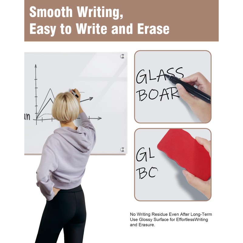 Mifuro Magnetic Glass Whiteboard，36"x24" Wall Mounted Frameless Dry Erase Board