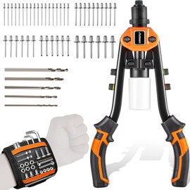AUTOWN Professional Rivet Gun Kit with 5 Drill Bits & Magnetic Wristband - Heavy Duty Two-Handed Riveter for Metal, Gutter, Automotive - Includes 210 Assorted Rivets