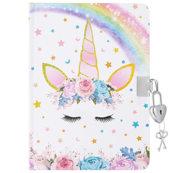 WERNNSAI Unicorn Kids Diary for Girls - Glitter Hardcover Journal Girls Notebook for Kids Gift School Office Private Secret Diary A5 Lined Memos Writing Drawing Notepad with Lock and Keys
