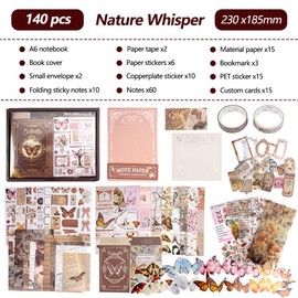 395-Piece Vintage Scrapbook Accessory Set with A6 Grid Notebook Vintage Scrapbooking with Beautiful Cards, Bookmarks and Stickers Scrapbooking Sticker Set Gift for Teenagers and Children for
