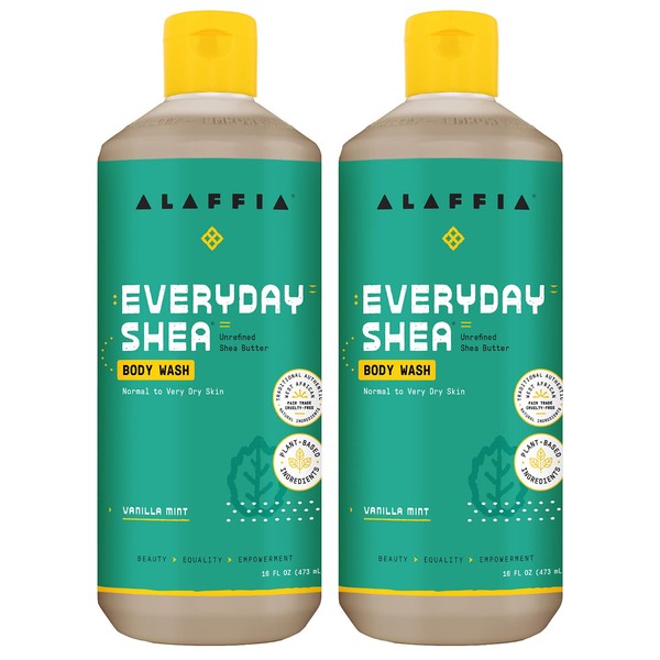 Alaffia Everyday Shea Body Wash, Naturally Helps Moisturize and Cleanse Without Stripping Natural Oils with Fair Trade Shea Butter, Neem, and Coconut Oil, Vanilla Mint, 2 Pack - 16 Fl Oz Ea