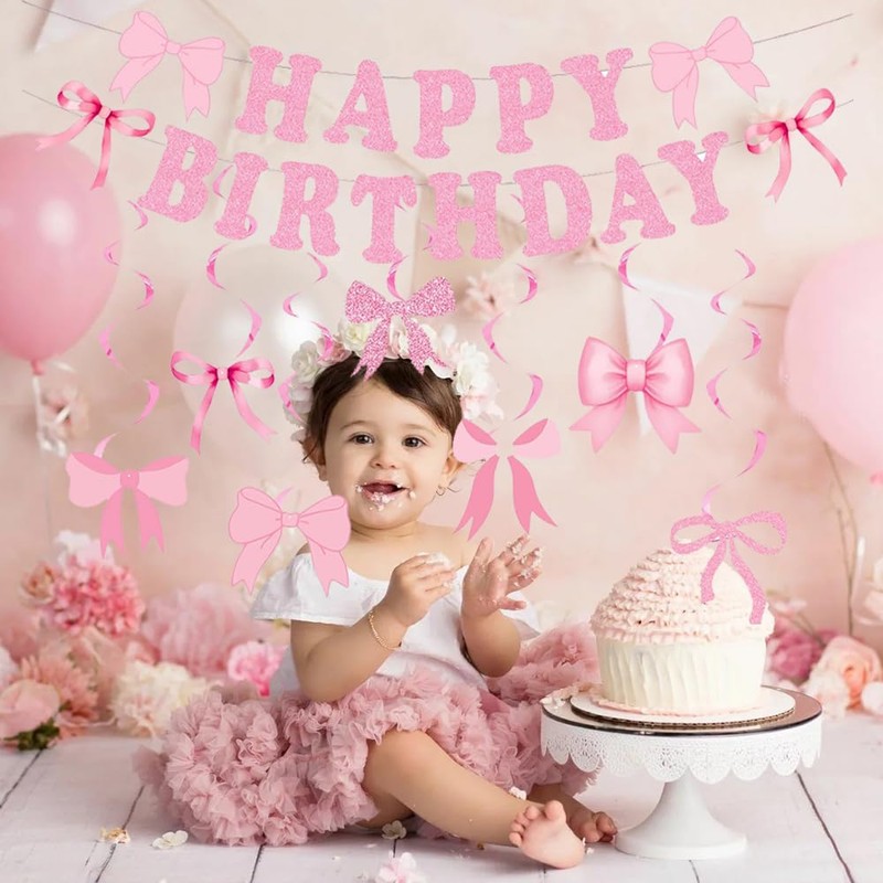 Pink Birthday Party Decorations Pink Bows Birthday Banner With Hanging