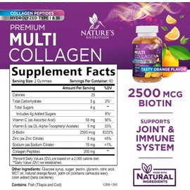 Collagen Gummies with 2500 mcg Biotin - Hydrolyzed Peptides Protein Type I & III Multi Collagen Supplement with Vitamin C & Zinc - Support for Hair, Skin, Nails, Tasty Orange Flavor - 120 Gummies