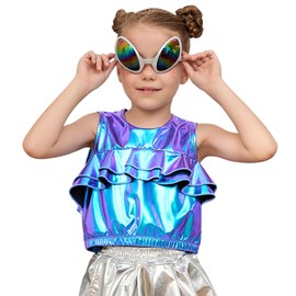 Girls Tank Tops Metallic Sleeveless Blue Crop Tops Ruffle Layered Sleeveless Dance Tops Rainbow Alien Glasses Size 8 9