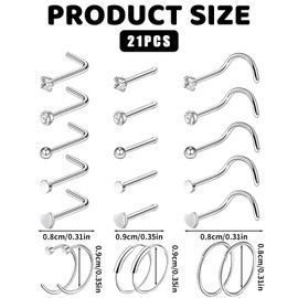 21 Pcs Nose Piercing,Nose Piercings Jewellery,Stainless Steel Silver Bone L Shape Ring,Small Rings,Multiple Styles,Hypoallergenic Hook Bars,Jewelry Showcase Girls' Personalities for Women,Girls
