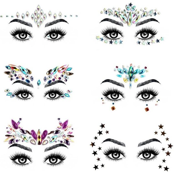 URAQT 6PCS Gesicht Strasssteine, Temporäre Tattoos Glitzer Schmucksteine Selbstklebend Glitzersteine