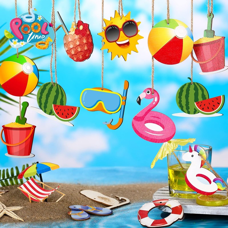 Summer Tree Decorations, Pack of 24 Wooden Pendants, Hawaii, Wooden