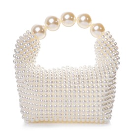 Abvokury Women Pearl Beaded Clutch Handle Bag Evening HandBag for Wedding Party, White With Pearl
