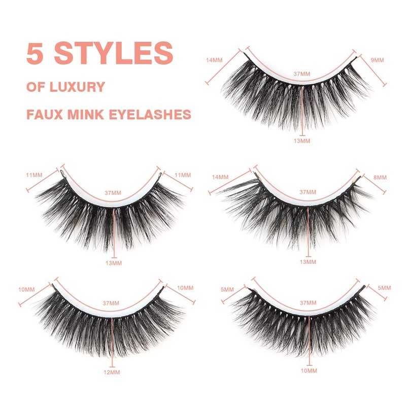 Lovrio 5 Pairs 3D Faux Mink False Eyelashes, Natural Fluffy
