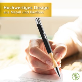 Metal Ballpoint Pen with Bamboo Handle I Set of 10 Blue Ink I Robust & High Quality I Black Ballpoint Pen I Comfortable Writing