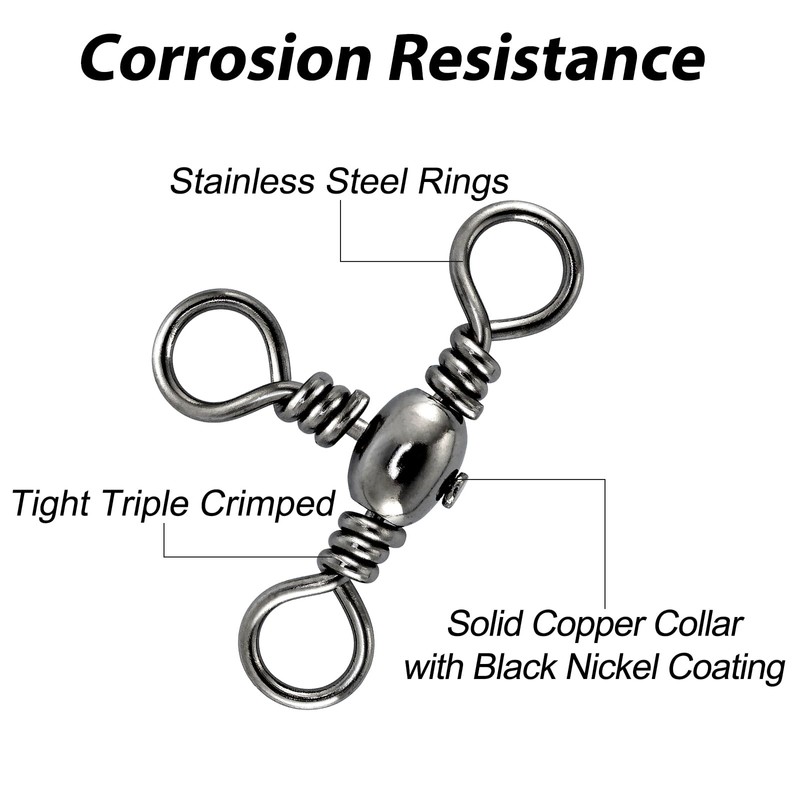 Alwonder 3-Way Fishing Barrel Swivels, Pack of 50, 44Lb