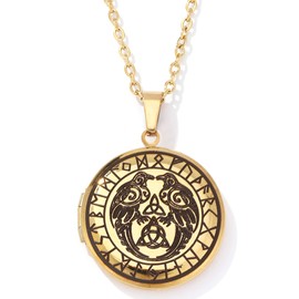 UTHOSMDO Supernatural Crow Runes Talisman Viking Amulet-Locket Necklace That Holds Pictures in Stainless Steel, Nordic Necklace Women(Gold)