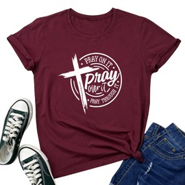 LOOKFACE Womens Pray Graphic Tees Cute Tops Wine Red Medium