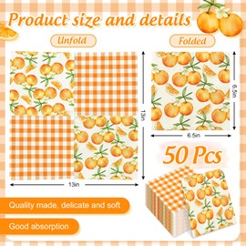 FYSUIMU 50Pcs Citrus Floral Paper Napkin White Orange Buffalo Plaid Disposable Luncheon Napkins Double-Printed Dinner Hand Napkins for Summer Home Party Table Decor
