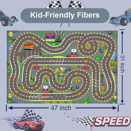 Pyrrhite Kids Rug, Race Track Playmat Rugs 47×31 in Kids Carpet with Rubber Backing, Start and Finish line Racing Track Marking Car Road Race 3D Play Mat Nursery Rugs for Children Bedroom Playroom