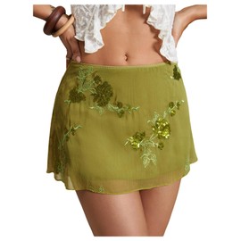 SweatyRocks Women's Sequin Mesh Mini Skirt Floral Embroidery Y2K Sparkly Skirts Green Large