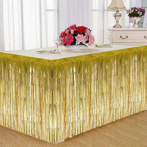 Gold Table Skirt, Decorative Tassels Table Skirt for Rectangular Round