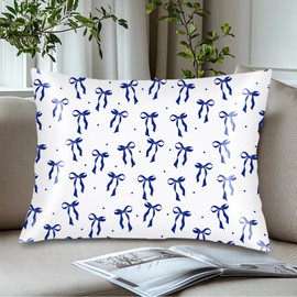 Blue Ribbon Bow Satin Pillowcase for Hair and Skin,Throw Pillow Cover 20"x26" Silk Pillowcases Envelope Closure,White Navy Blue Pillow Covers Decorative Cushion Cases Standard Pillow Case for Bedroom
