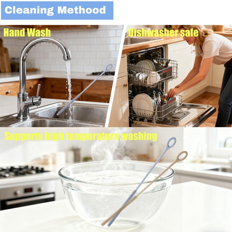 4Pcs Reusable Silicone Straw Cleaner Brush Extra Long, Soft Bendable,