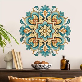 WOHAHA Vintage Floral Mandala Peel and Stick Removable Wall Art - Blue Yellow Flower Wall Stickers for Living Room, Kids, Girls Bedroom Decor