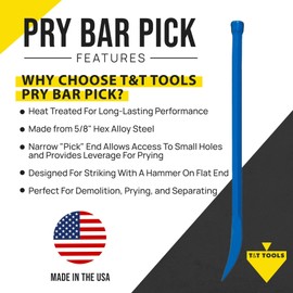 T & T Tools Pry Bar - 5/8-Inch Hex Alloy Steel, Heavy Duty Crowbar, Small Pry Bar Tool, Resists Bending, Bright Color, Wide Chisel End