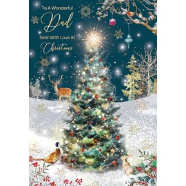 Cherry Orchard 'WONDERFUL DAD' Christmas card, Snowy Christmas tree design, finished with gold foil text and detail, comes complete with envelope, From