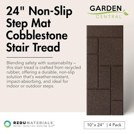 Garden Central 4-Pack 24”x10” Fake Cobblestone Rubber Stair Treads, Rectangular, Brown – Reversible Non-Slip Faux Stepping Stones for Landscaping Pathways – DIY Decor for Indoor & Outdoor Steps