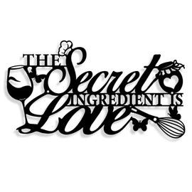 The Secret Ingredient is Love Metal Wall Art Sign, Farmhouse Dining Room Kitchen Wall Decor Housewarming Gift Counter Pantry Sign (Black, 8.8x16 inches)