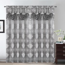 Petrichor Elegant Curtains with Gold Silver Threads 2 Panels Set - Luxury Window Treatment Attached Valance, Sheer Backing, and 2 Tie Backs for Bedroom and Living Room, 54x84 inches, Silver