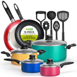 15 Piece Nonstick Color Pop Cookware Set with Cooking Utensils - inc. Saucepans and Dutch Oven Pots with Glass Lids and Fry Pans for Saute - also has Spatula Slotted Spoons Masher and Soup Ladle