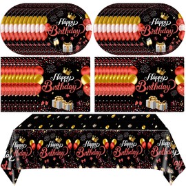 Red and Black Birthday Decorations,Disposable Party Tableware Supplies Set,Include Red Paper Plates Napkin Tablecloth,Suitable for Birthday Decoration for Men,Women,Boys and Girls,Serves 20