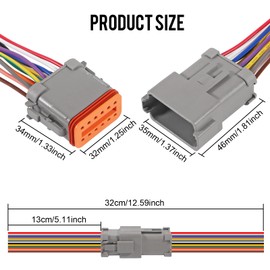 2 Sets Deutsch DT 12 Pin Waterproof Connector 12 Way Male Female Automotive Waterproof Electrical Connector Plug with 16 AWG Cable Wire for Car Truck Boats