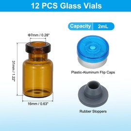PATIKIL 12pcs 2ml Amber Borosilicate Glass Sample Vials with Aluminum Plastic Cap and Rubber Stopper for Lab Solid Liquid Powder Storage, Dark Silver Tone