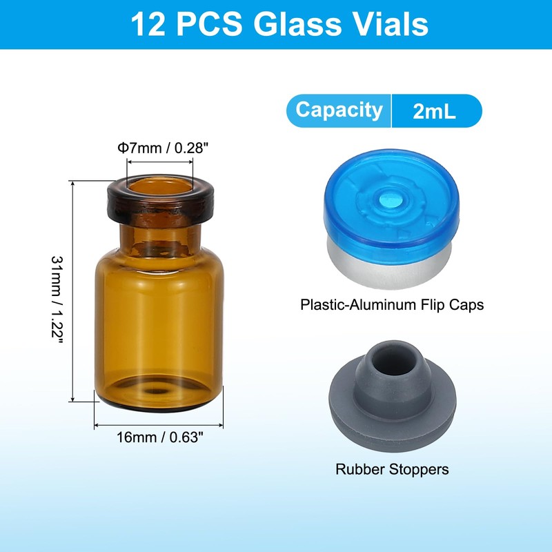 PATIKIL 12pcs 2ml Amber Borosilicate Glass Sample Vials with Aluminum