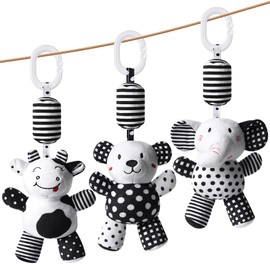 Aolso Baby Pram Pushchair Toys, 3Pcs Hanging Rattle Toys, Black and White Toy Rattle Baby Hanging Toys, High Contrast Sensory Educational Toy, Newborn Car Seat Toys for Boys Girls (Bear/Calf/Elephant)