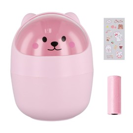 PTJJXA Trash Can Desk Cute, Cute Mini Small Rubbish Bin Pen Holder with Lid, Portable Removable Table Waste Bin, Plastic Waste Bin for Office (Pink+Sticker+Rubbish Bag)