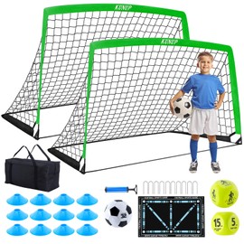 2 Set Kids Soccer Goals for Backyard with Training Equipment, 5×3 Portable Foldable Practice Nets with Ball, Dice & Mat, Cones, Air Pump and Carry Bag for Toddler Youth Outdoor Sports Game