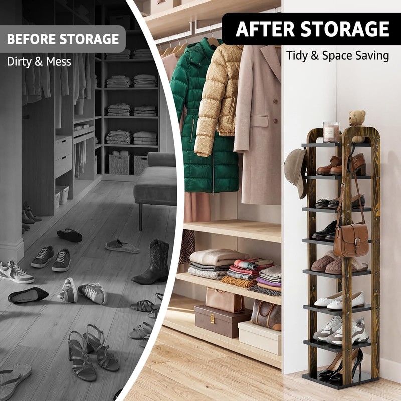 Wooden 8 Tiers Vertical Shoe Rack with Hooks