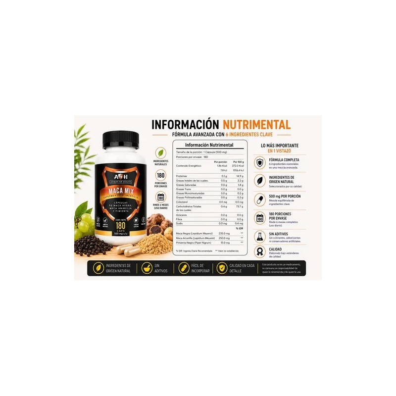 Suplemento Maca Negra Amarilla Y Pimienta De 180 Cáps A4h